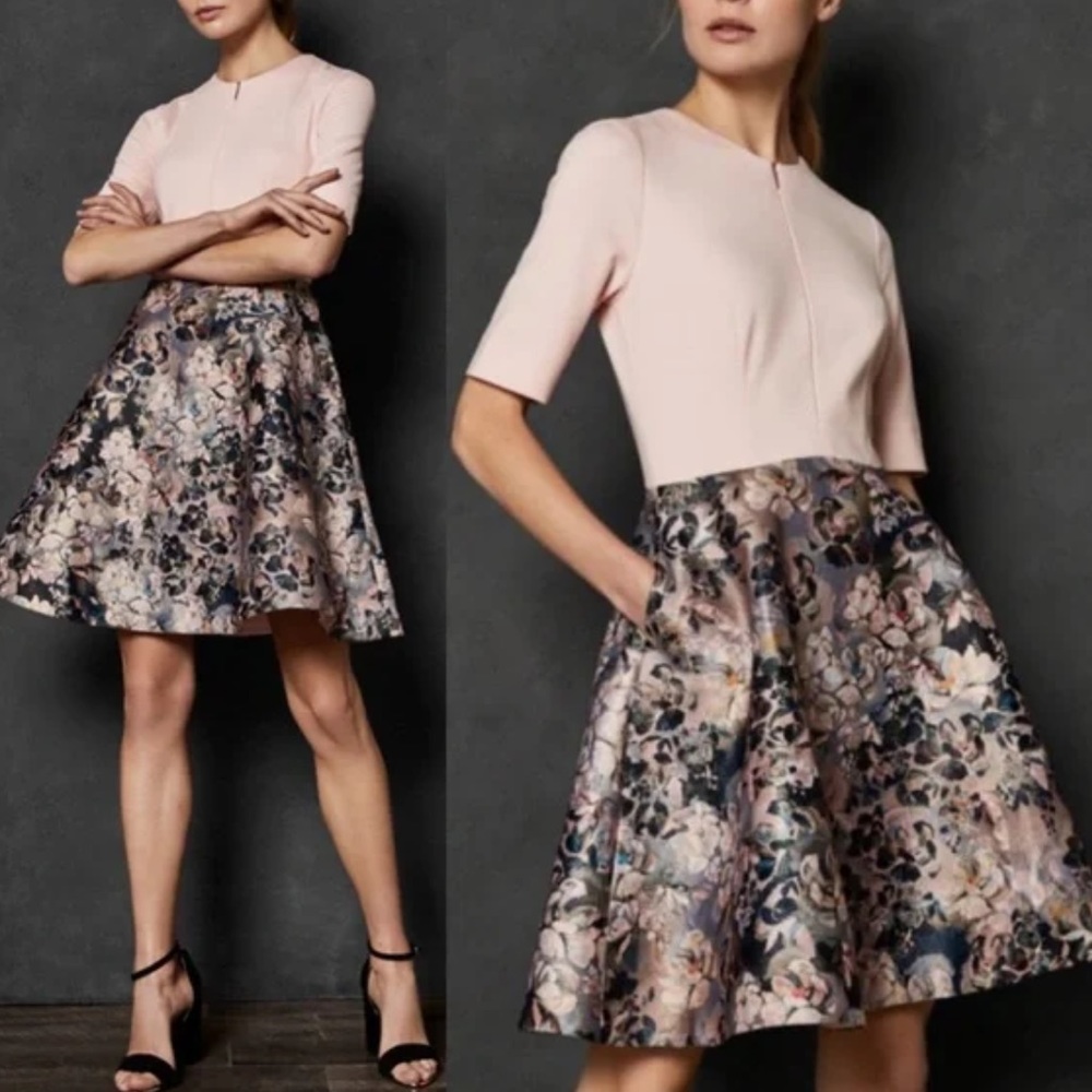 Ted Baker Amarlia Jacquard Cocktail Dress Pockets Floral Zipper Pink Women’s 10